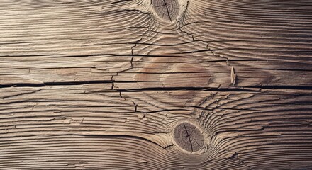 Close-up of weathered wood texture with knots and cracks.
