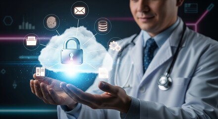A doctor in a white coat holding a glowing holographic cloud with a security padlock icon in the center, surrounded by digital icons including fingerprint, email, database, settings, and folder