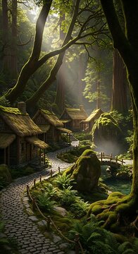 Enchanted Forest Village Scene.