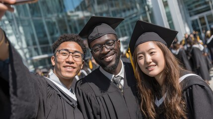 Fototapeta premium Diverse Graduates Taking Selfie in Caps and Gowns Outdoors