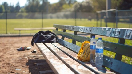 Bench on the sidelines with water bottles for athletes