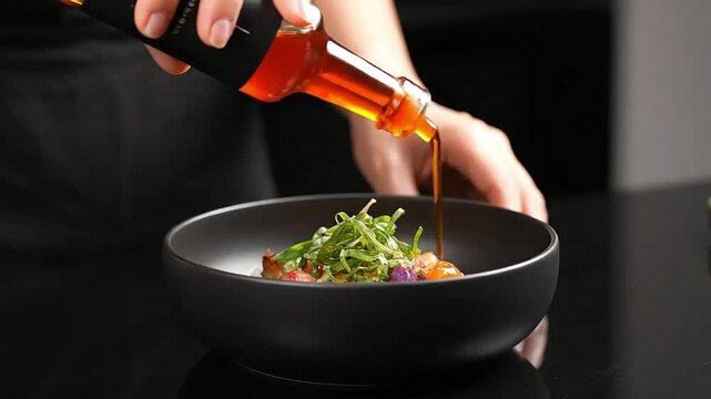 Professional chef carefully pours gourmet dressing onto a vibrant fresh healthy salad bowl with colorful ingredients on a black table perfecting fine dining mea