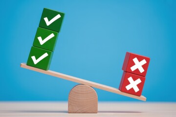 Wooden seesaw balancing green check marks against red crosses, symbolizing the evaluation where positives outweigh the negatives