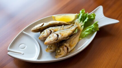 Delicious fried fish served on a fishshaped plate with lemon and lettuce, presented on a wooden table for a delightful seafood experience