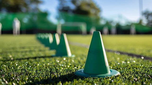 Close-up of green training cones lined up on grass field