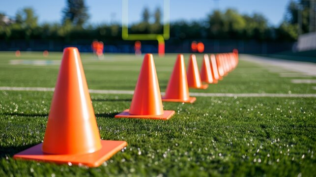 Close-up of orange training cones laid out on grass field - Powered by Adobe