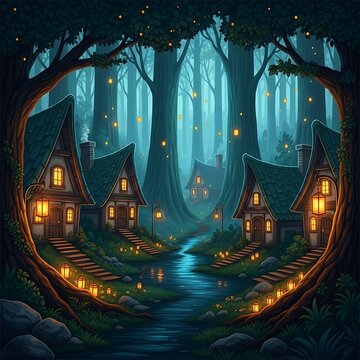 Enchanted Forest Village with Glowing Lights and Winding Stream.
