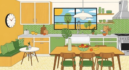 Cozy and inviting kitchen interior with a dining table and a view of nature through the window.