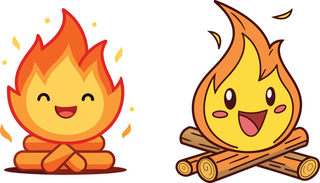Two adorable cartoon campfire characters with happy faces and flames one sitting on logs and the other with crossed logs
