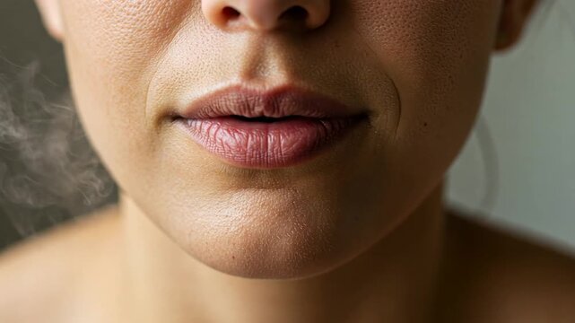Extreme closeup of a persons lips and surrounding skin with visible pores and a wisp of steam