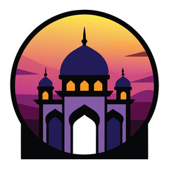 Stylized islamic mosque with domes and minarets silhouetted against a vibrant sunset sky with warm orange and purple hues evoking a sense of peace and spirituality