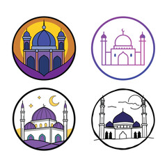 Four circular illustrations of mosques featuring different artistic styles and color palettes for islamic celebrations and cultural themes