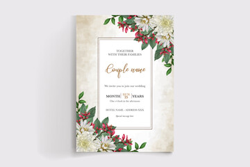WEDDING INVITATION FRAME WITH FLOWER DECORATIONS AND FRESH LEAVES