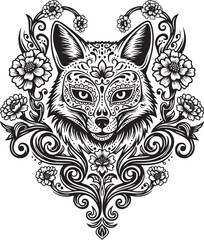 Ornate Sugar Skull Fox Head Vector Illustration with Intricate Floral Frame - Day of the Dead Art