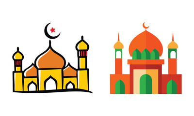 Fototapeta premium Two stylized illustrations of mosques one hand drawn and one flat design featuring domes minarets and crescent moons