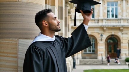 Young man in graduation robe holding cap outdoors in front of an academic building with a proud expression