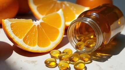 Orange slices and vitamin D capsules spilling from a bottle highlighting health benefits - Powered by Adobe