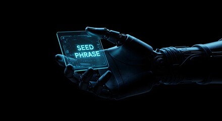 A cutting-edge robotic hand presents a glowing digital screen with a crucial 'SEED PHRASE,' symbolizing the core concept of secure digital asset access and the future of decentralized finance