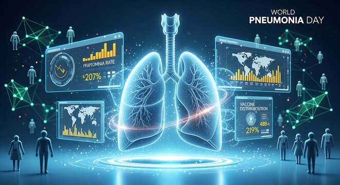 Digital illustration for World Pneumonia Day featuring lungs surrounded by data visualizations, connected networks, and silhouettes of people.