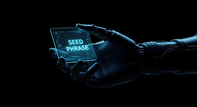A cutting-edge robotic hand presents a glowing digital screen with a crucial 'SEED PHRASE,' symbolizing the core concept of secure digital asset access and the future of decentralized finance