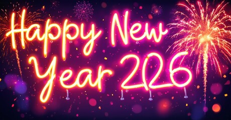 Bright neon sign displays Happy New Year 2026. Fireworks sparkle, creating festive celebratory mood. Purple background enhances glow.