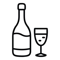 Simple line art icon of a wine bottle and a full wine glass for celebrations and events vector