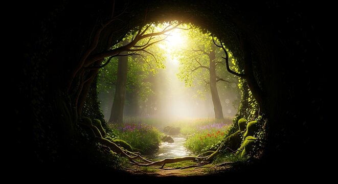 Enchanted Forest Waterfall with Sunbeams.