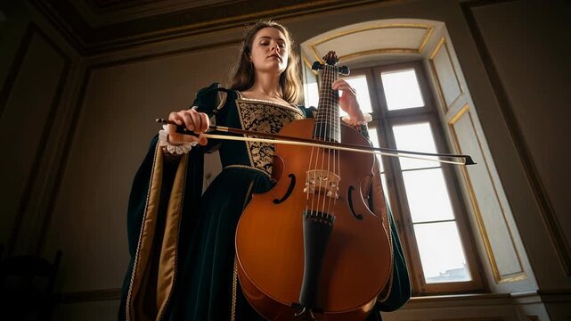 Court musician performs on viola da gamba, showcasing elegance and skill in a historic setting with gentle light reflections