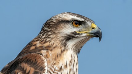 Obraz premium A striking closeup captures the intense gaze of a hawk, showcasing its sharp beak, piercing eyes, and detailed plumage against a clear blue sky