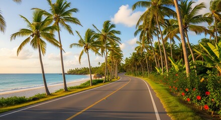 Scenic coastal road with palm trees leading to tropical beach paradise under blue sky