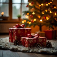 An array of elegant Christmas gift boxes wrapped in red paper,