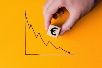 Conceptual image of a European financial crisis, with a hand placing a euro symbol on a falling stock market graph representing currency decline