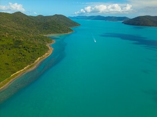 Aerial Drone View of Tropical Queensland Beach, Ocean Waves, Island Coastline and Shoreline - Scenic Coastal Landscape, Clear Blue Water, Australia Nature, Travel, Tourism, QLD