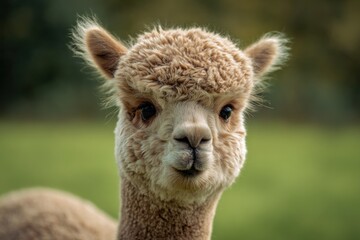 Obraz premium Close-up of a fluffy alpaca with a curious expression in a field.
