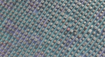 Organized Array of Small Metal Objects on a Textured Surface, showcasing repetition and industrial patterns