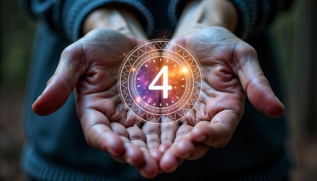 Hands holdding number "4" symbol in a glowing mandala, symbolising Vedic numerology, astrology and spiritual concepts