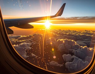 Airplane window view of sunrise over clouds