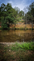 Natural river landscape at Praia Fluvial Rebelos, Murça, Trás-os-Montes, Portugal. A tributary of the Tua flows calmly past green banks and tall trees, ideal for outdoor relaxation and leisure.