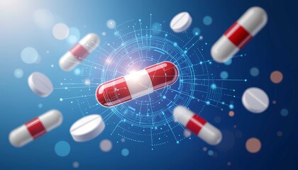 A central capsule is surrounded by a glowing digital interface on a blue abstract background