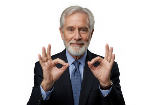 Confident man in suit isolated on transparent background showing ok hand gesture