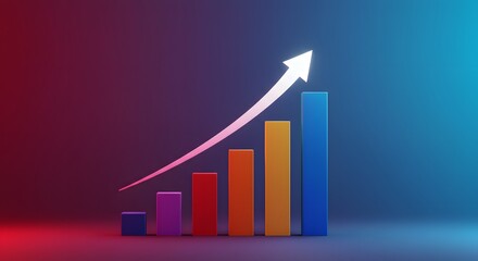 Stylized concept of a rising bar chart with an arrow pointing upward, symbolizing business growth.