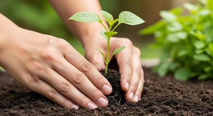 Hands planting a small green seedling in rich dark soil outdoors, symbolizing growth and new beginnings.