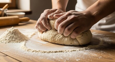Hands kneading dough on a wooden table with flour, preparing bread or pastry.