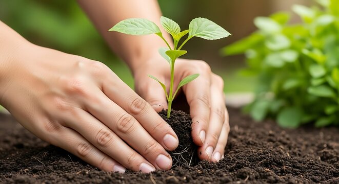 Hands planting a small green seedling in rich dark soil outdoors, symbolizing growth and new beginnings.