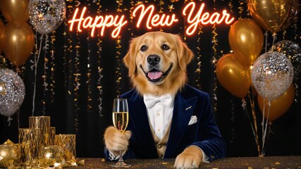 Anthropomorphic Golden Retriever dog wearing elegant blue tuxedo suit holding champagne glass celebrating Happy New Year with festive gold decorations and balloons

