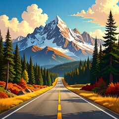 Scenic highway leading to a snowy mountain peak