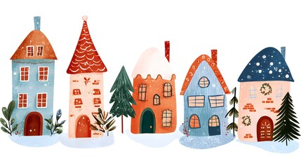 Christmas village houses. Cute cartoon houses in winter. Flat illustration on a white background. Hand drawn watercolor illustration of houses in the city. Christmas card.