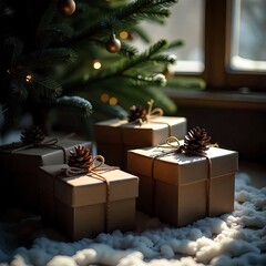 An array of elegant Christmas gift boxes wrapped in brown paper,