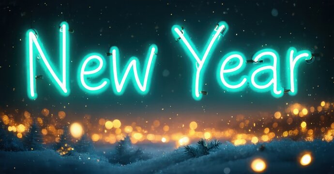 Bright neon text spells New Year over blurred city lights, winter scene. Snowy landscape creates festive mood.