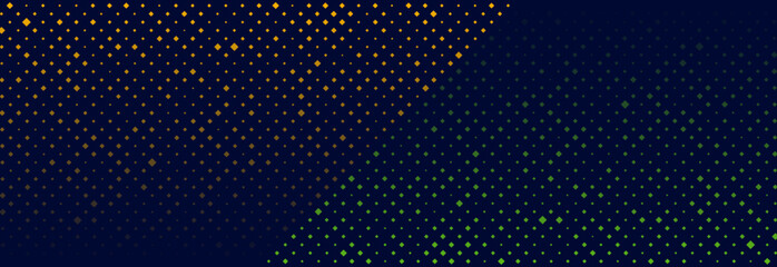 Orange and green square halftone dots abstract futuristic background. Minimal geometric vector banner design